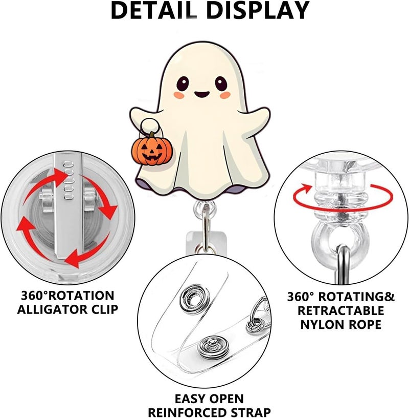 NSSHEL Halloween Badge Reel Acrylic Retractable Holder Cute Littlw Ghost & Pumpkin ID Badge Holder with Alligator Clip for Nurse Teacher Student Office Workers Halloween Card Reels Gifts - Image 3